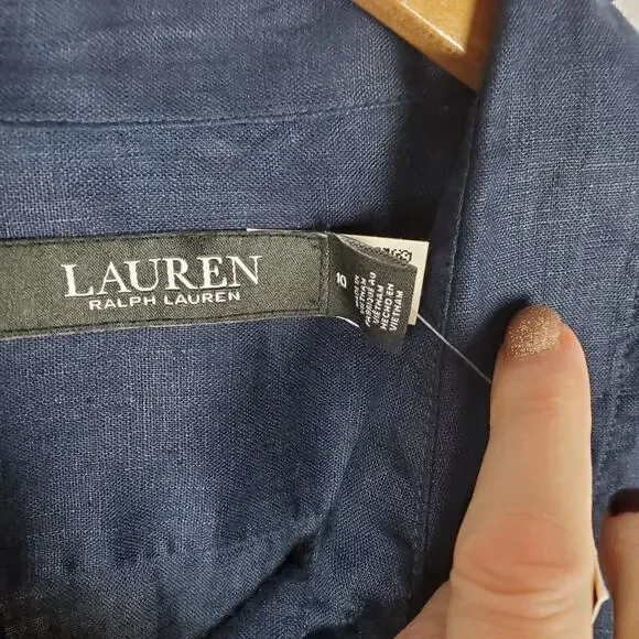 NEW Lauren Ralph Lauren Tie Front Linen Shirtdress Sz 10 Navy Blue Short Sleeve - Picture 8 of 13